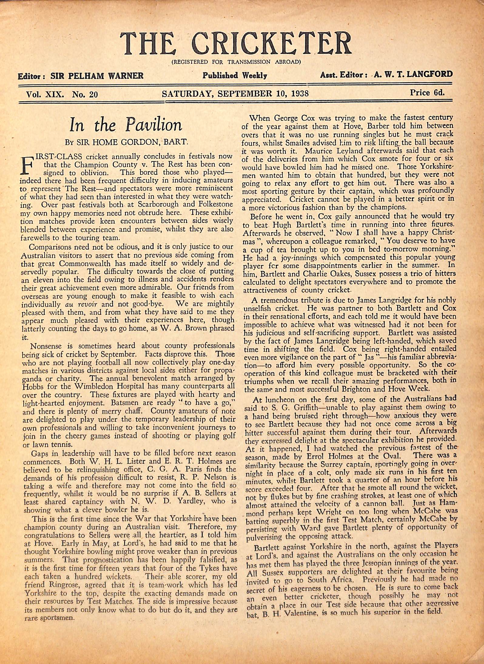 'The Cricketer - September 10, 1938'