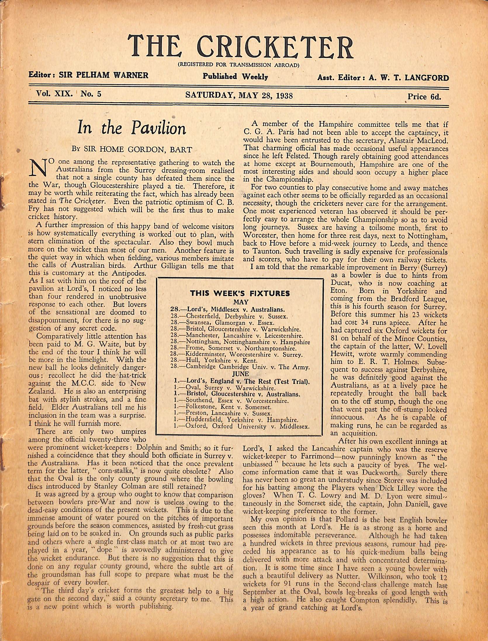 'The Cricketer - May 28, 1938: Pages 129-160'