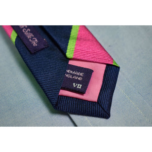 "Seaward & Stearn English Navy Silk w/ Lime/ Pink Repp Stripe Tie"