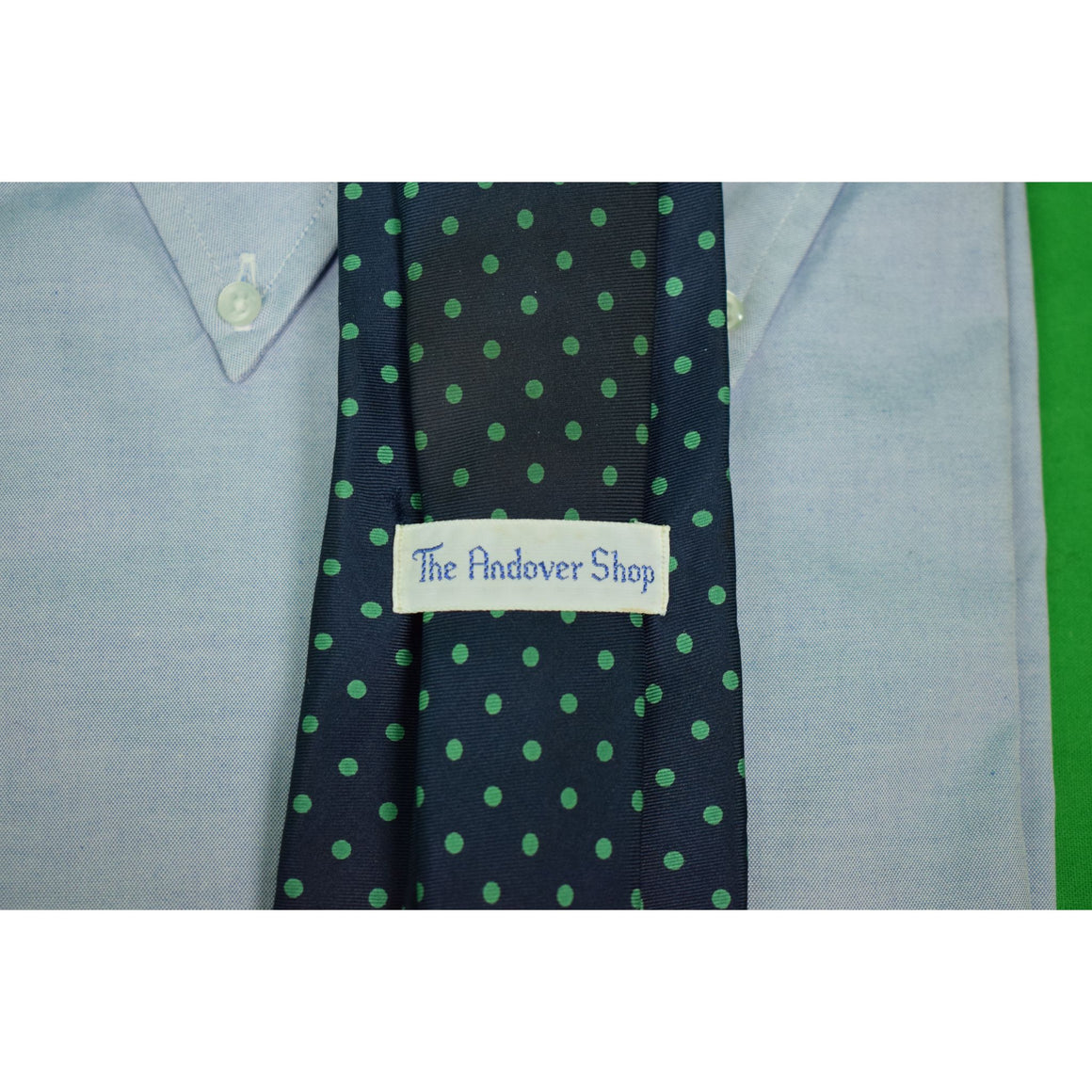 The Andover Shop English Silk Green Polka Dot/ Navy Ground Tie