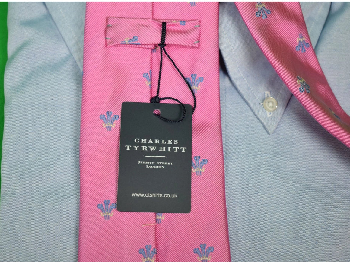 "Charles Tyrwhitt Pink w/ Blue Plume Feather Woven Silk Club Tie" (NWT) (SOLD)