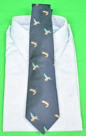 "Abercrombie & Fitch English Silk Twill Navy Leaping Trout Sportsmen's Tie" (SOLD)