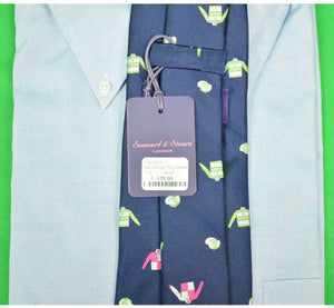 ""O'Connell's x Seaward & Stearn London Woven Navy Silk w/ Pink & Green Jockeys Tie" (NWT)