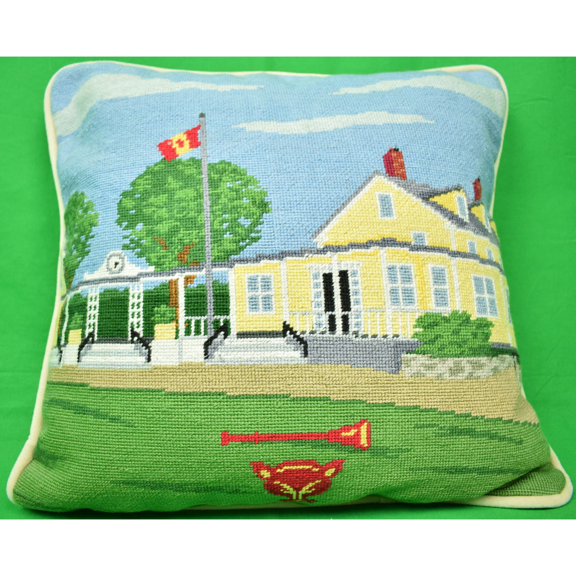 "Myopia Hunt Club Petit-Needlepoint Clubhouse Pillow" (SOLD)
