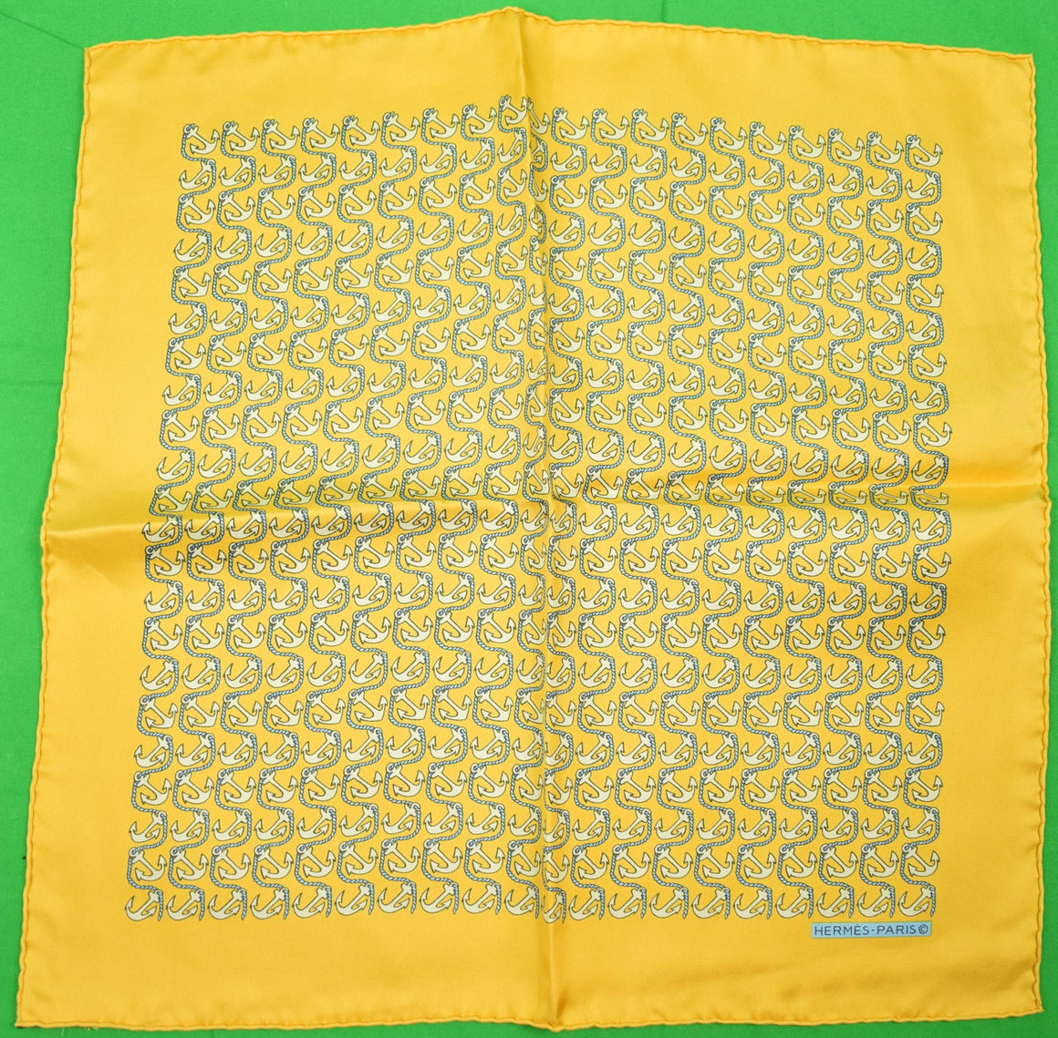 "Hermes Paris 'Anchor Waves' Yellow Silk Pocket Square" (SOLD)