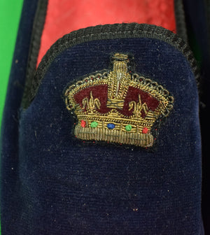 Carroll & Co Navy Velvet English Slippers w/ 'Crown' Bullion Motif Sz: 11-1/2