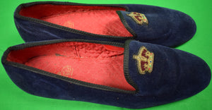 Carroll & Co Navy Velvet English Slippers w/ 'Crown' Bullion Motif Sz: 11-1/2
