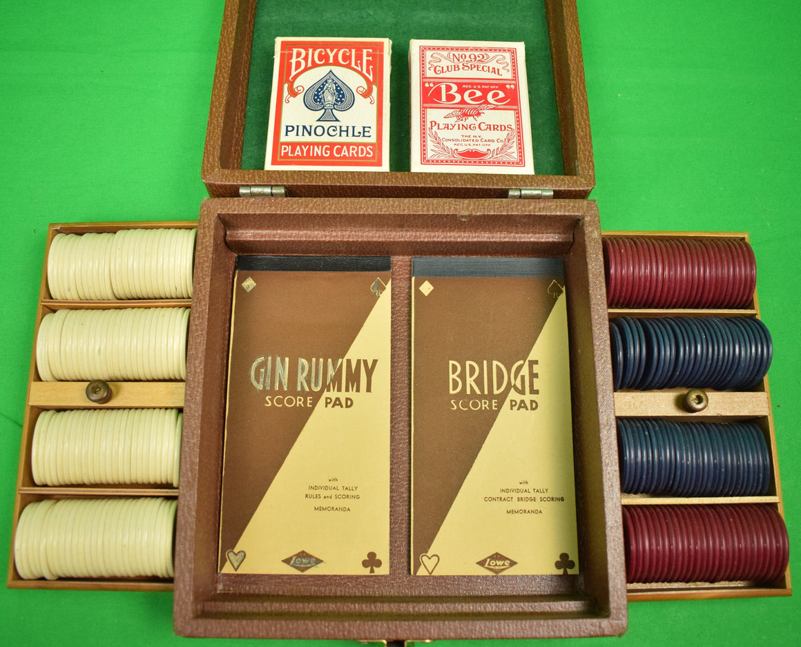 "Gaming Box Set of Two Trays of Bakelite Poker Horse Racing Chips w/ 2 Decks of Cards"