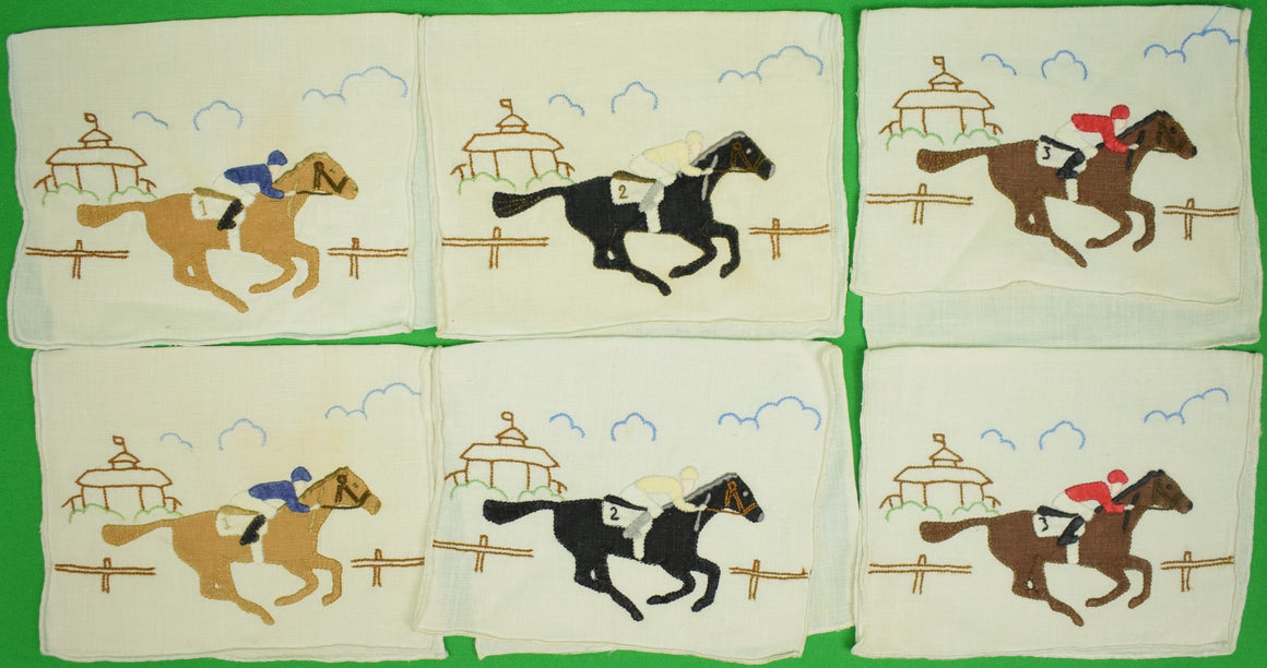 "Set Of 6 c1940s Maderia Linen Cocktail Napkins w/ Embroidered Jockeys & Race Horses"