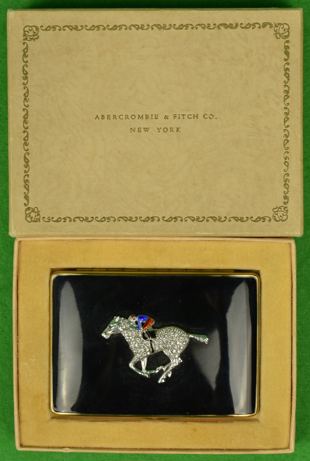 "Abercrombie & Fitch Jockey On Racehorse Black Enamel Compact Case" (New/ Old Stock In A&F Box)