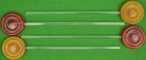 Set of 4 Bakelite (2) Red & (2) Yellow Backgammon Chip Swizzle Sticks