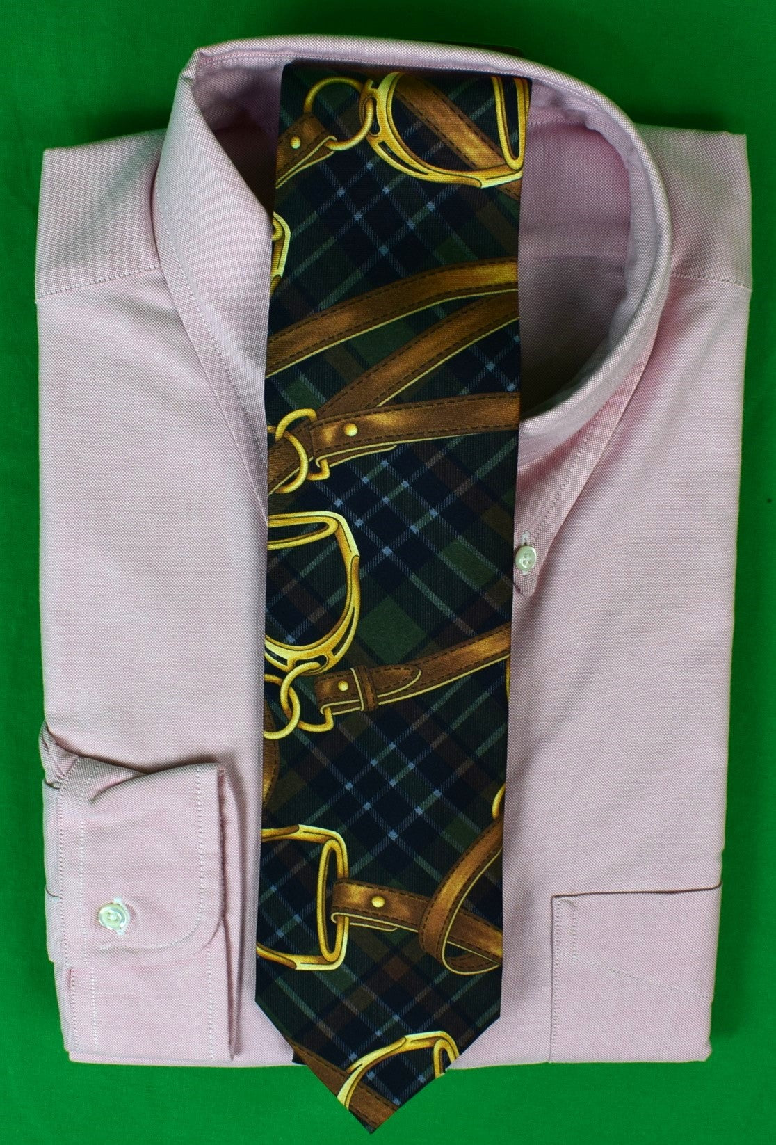 "Phineas Cole Equestrian Stirrup Green Tartan Italian Silk Tie" (SOLD)