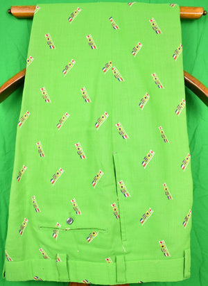 Chipp Lime Green Moygashel Linen Trousers w/ TGIF Nautical Signal Flags Sz: 38"W