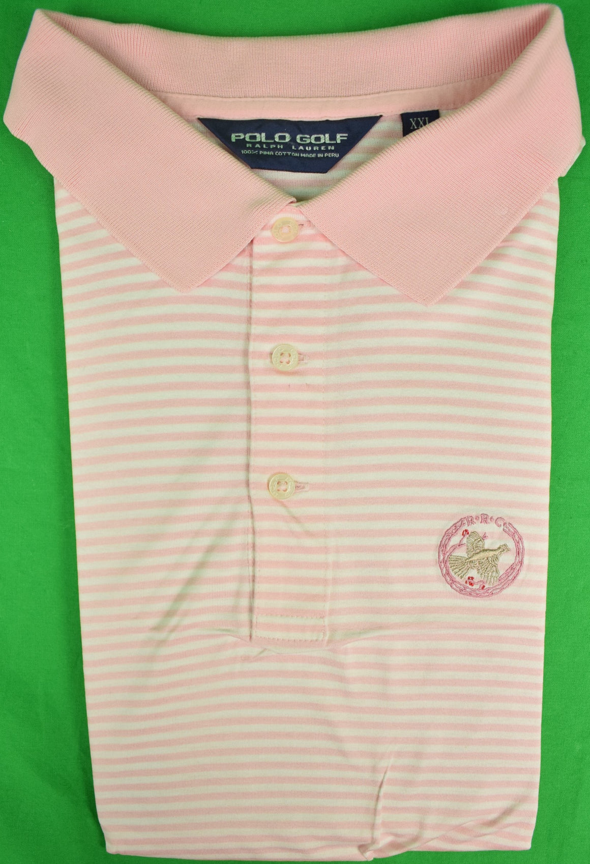 Ralph Lauren Polo Golf Pink/White S/S Stripe Shirt w/ Rolling Rock Club Logo Sz: XXL