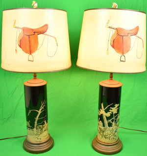 Pair of Decoupage Cylindrical Fox-Hunt Lamps