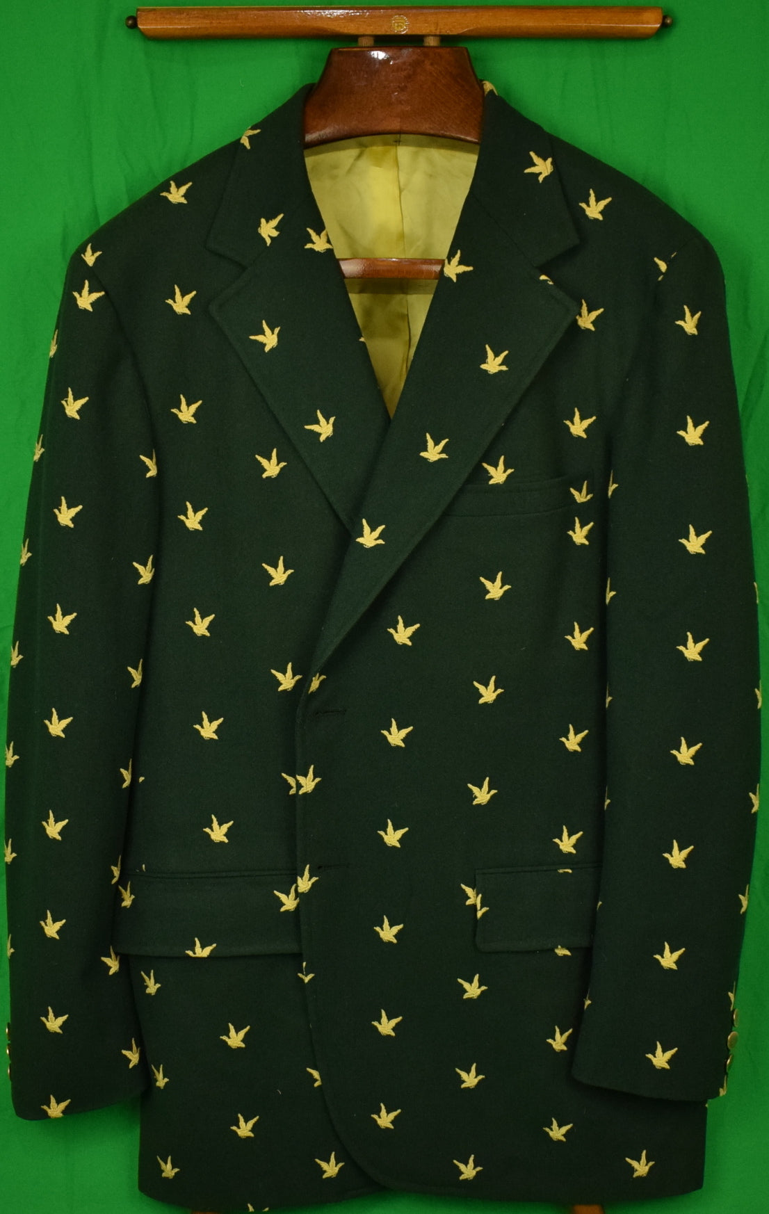 Chipp Hunter Green Doeskin Flannel c1974 Blazer w/ Embroidered Gold Ducks Sz 46L