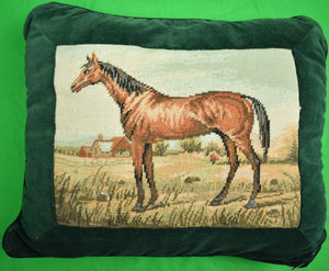 "Petit-Needlepoint Horse Pillow w/ Hunter Green Velvet Backing"