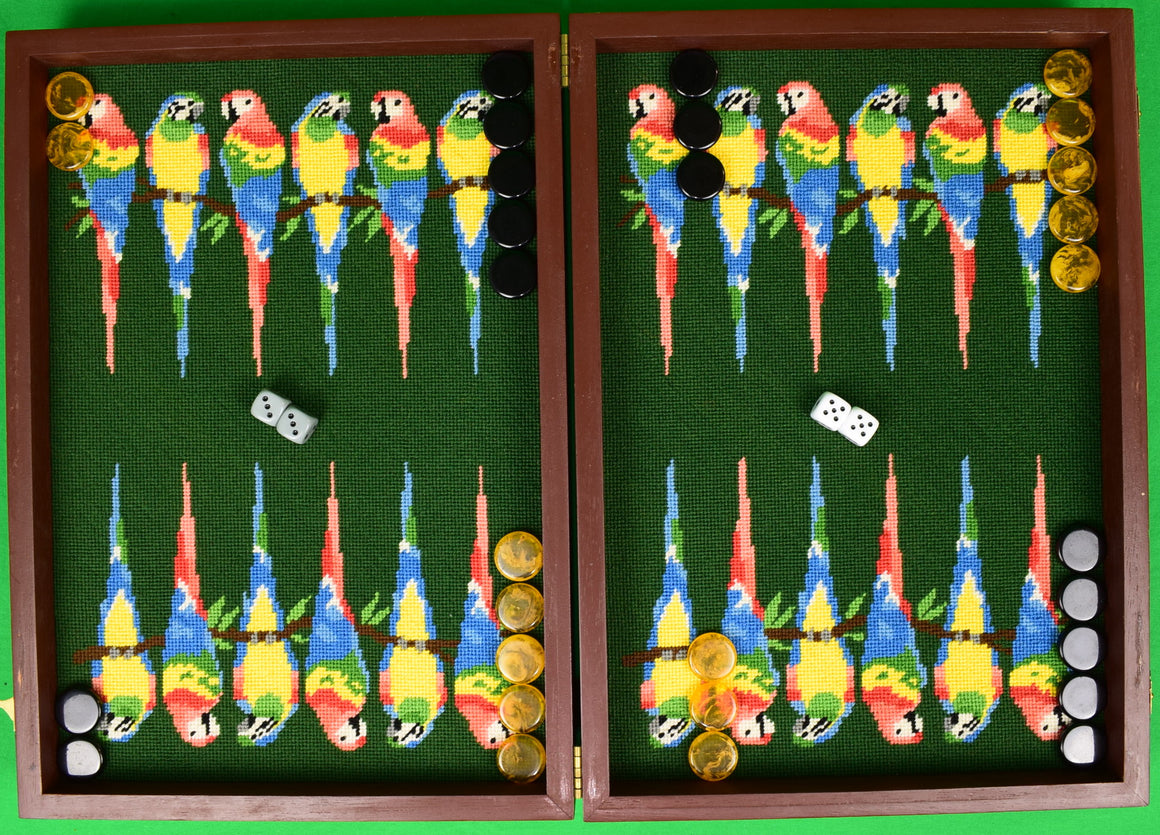 "Hand-Needlepoint Green Backgammon Board w/ Tropical Parrots"