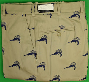Maus & Hoffman Khaki Twill Trousers w/ Sailfish Motif Sz: 34R (New w/ Tag!)