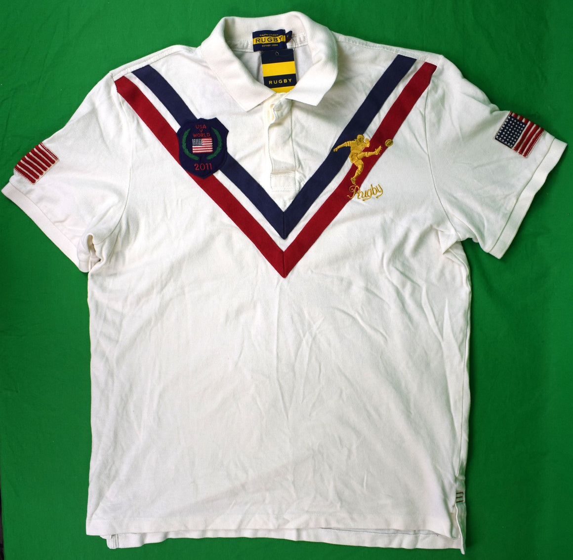 "Rugby Ralph Lauren White 2011 Polo Shirt w/ Red/ Navy V Stripe" Sz XL (New w/ RL Tag)