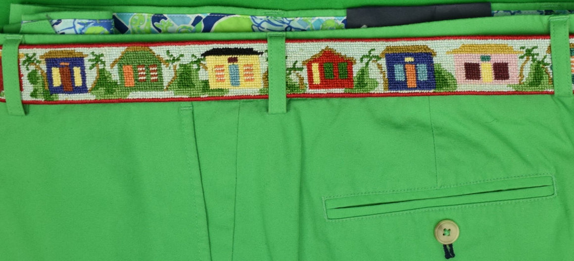 "Hand-Needlepoint Red Leather Belt w/ (16) Tropical Cottages" Sz 36