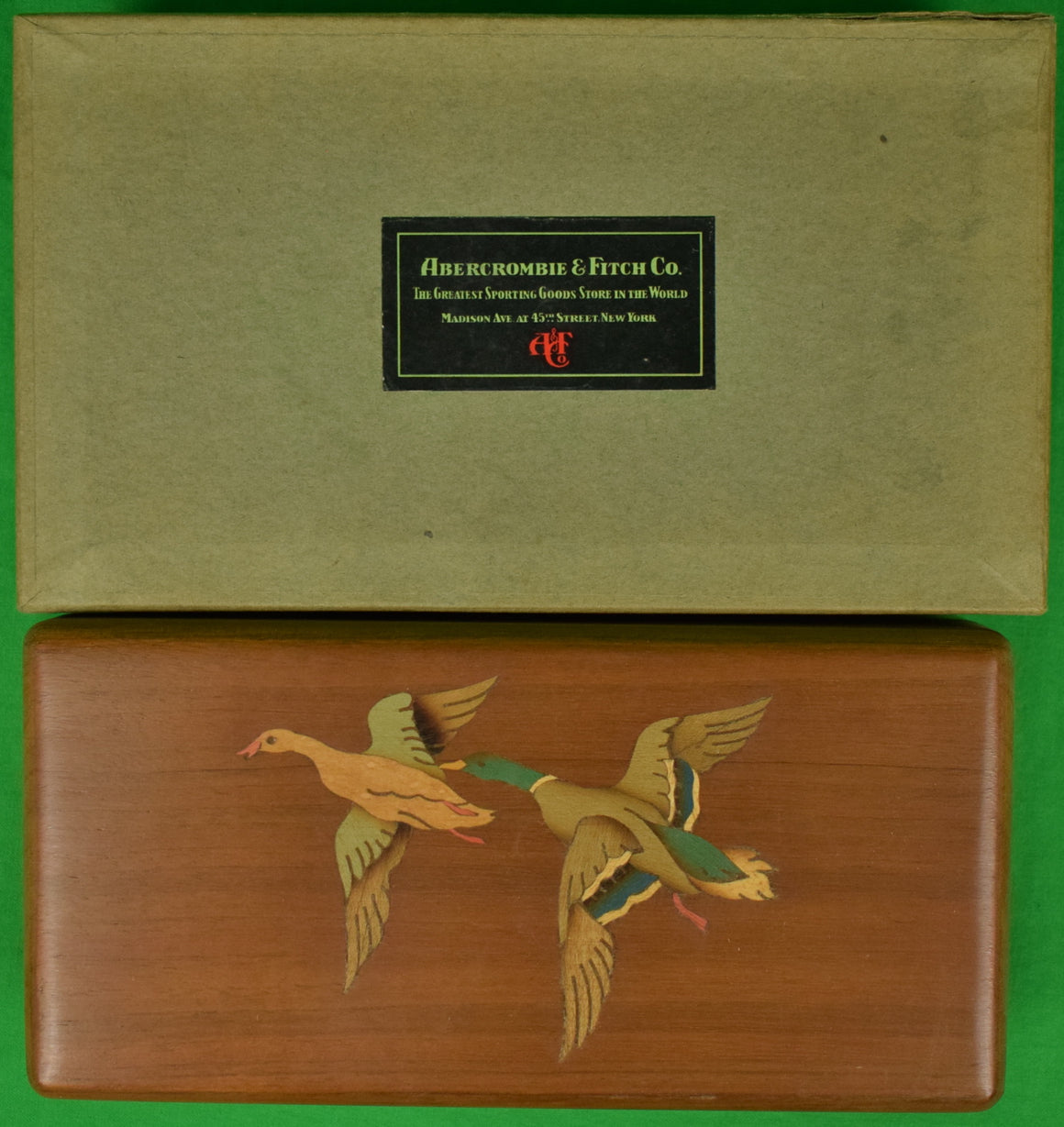 Abercrombie & Fitch Marquetry Cigarette Box w/ Ducks-In-Flight On Lid (In New A&F Box) (SOLD)