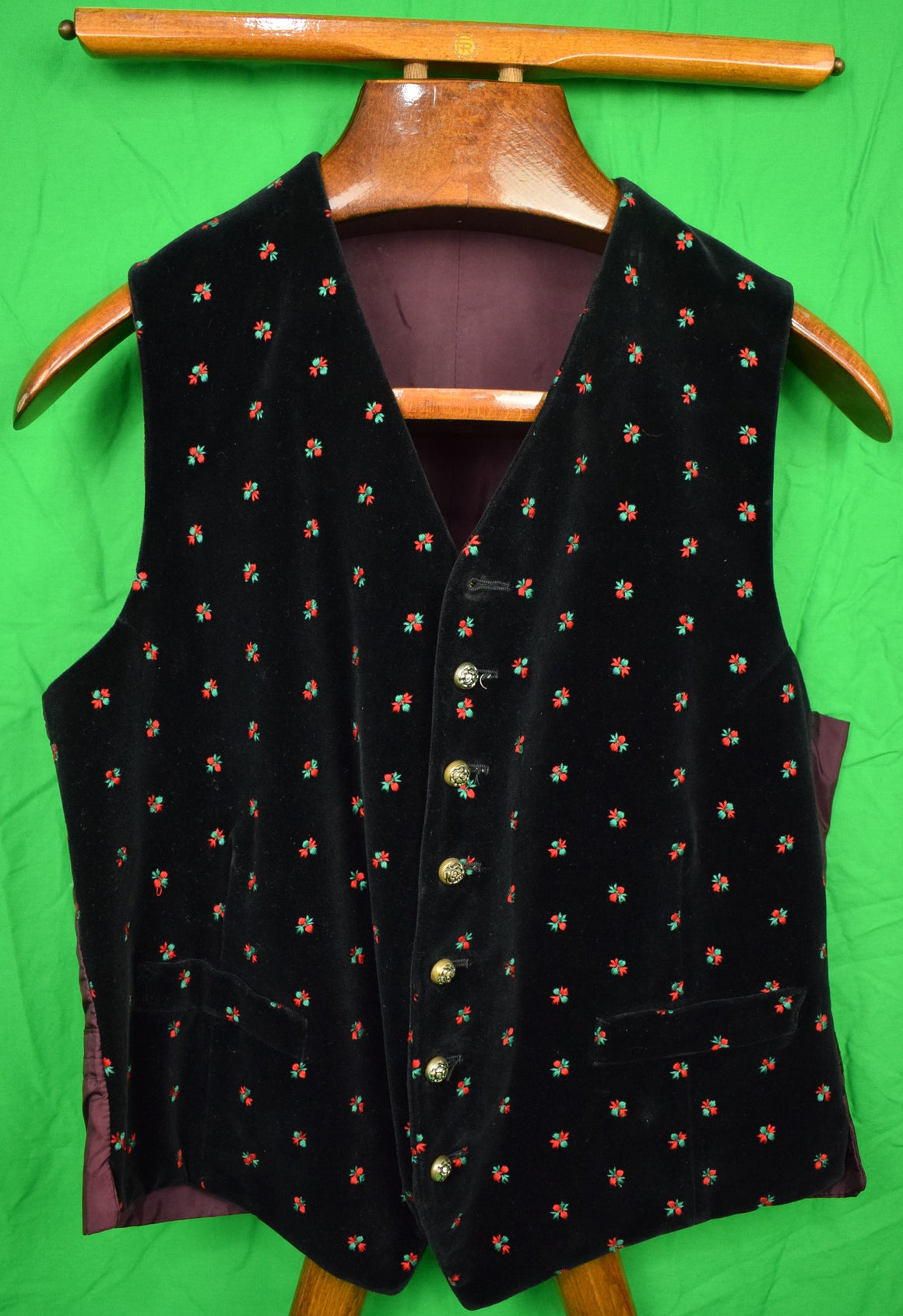 "Black Velvet (7) Button Waistcoat w/ Embroidered Red & Green Holly" Sz: 38 (SOLD)