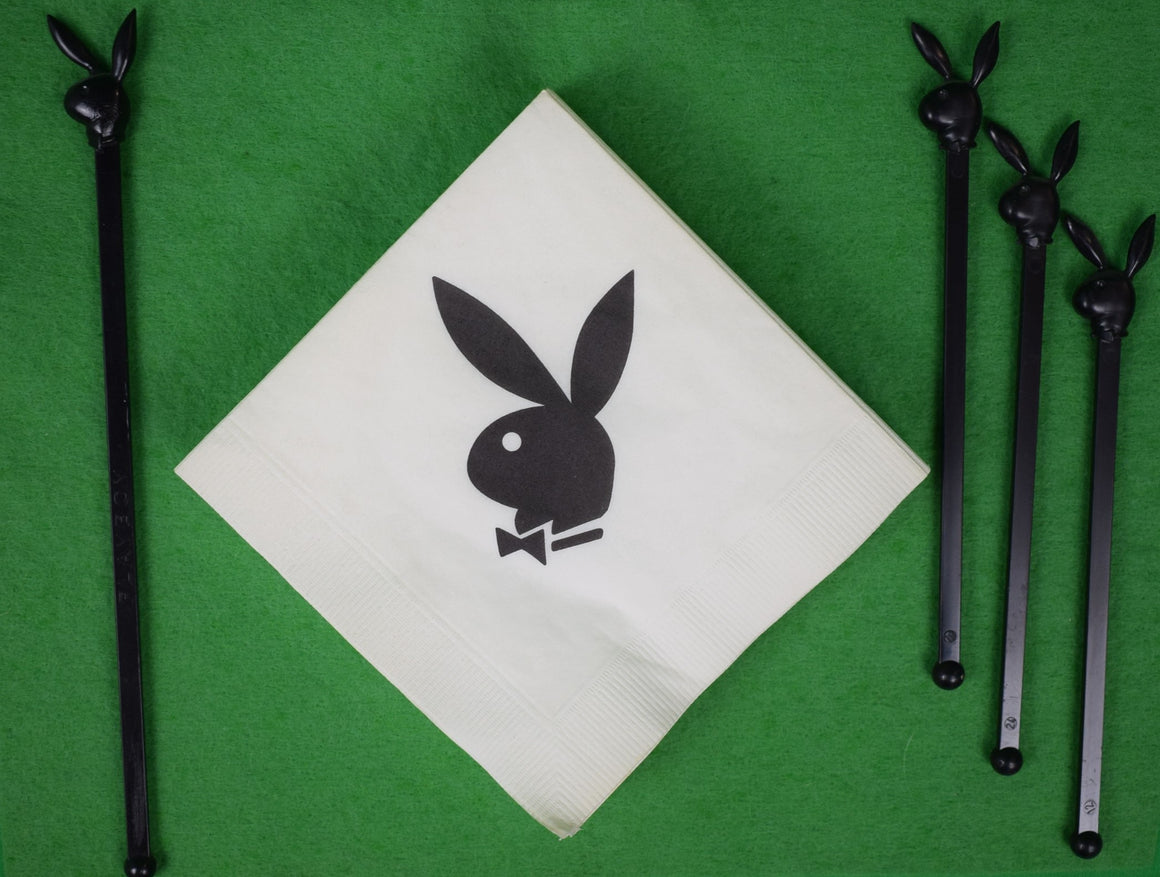 Set x 4 Playboy Club Swizzle Sticks w/ Stack of 19 Paper Cocktail Napkins w/ Bunny Logo (New/ Old Stock)