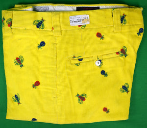 O'Connell's Vintage c1980s Embroidered Corduroy Trousers w/ Bugs On Yellow Sz 36R (DEADSTOCK)