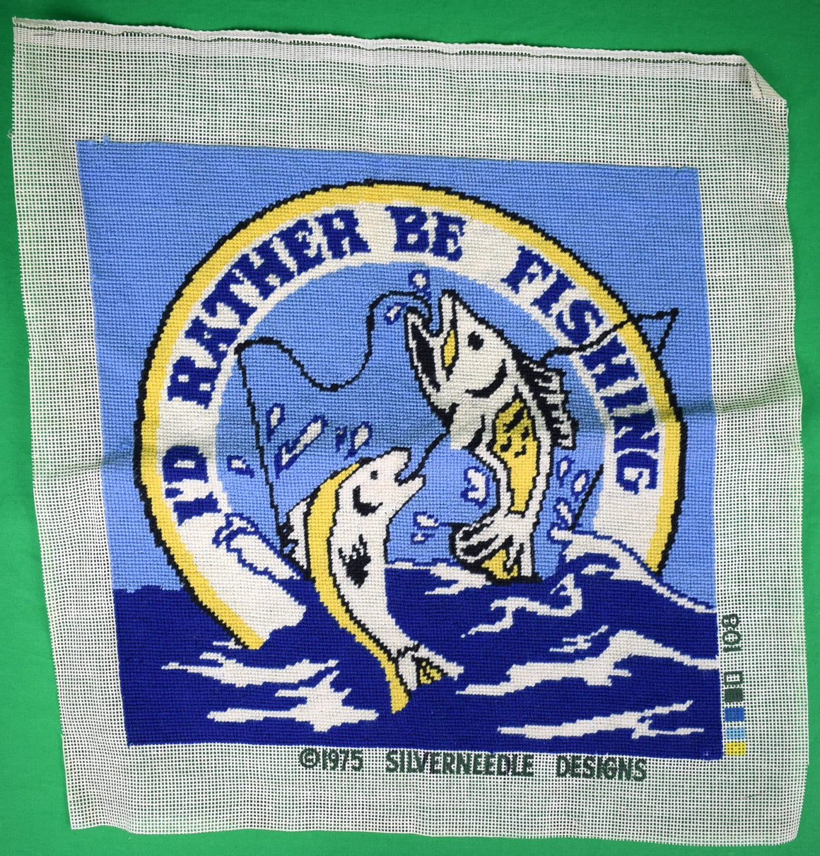 I'd Rather Be Fishing c1975 Needlepoint Pillow Cover On Canvas