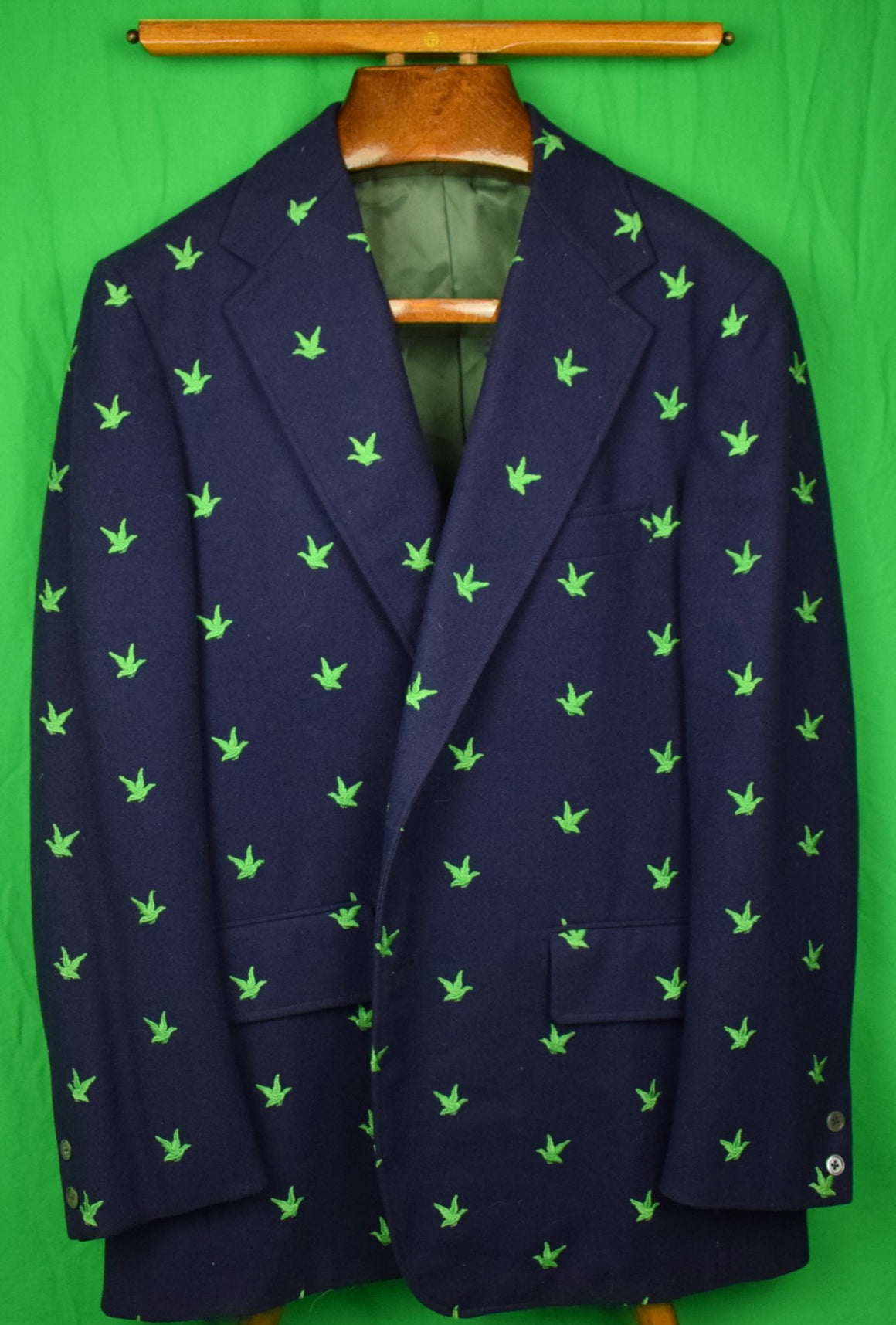 "Chipp Navy Doeskin Flannel Blazer w/ Embroidered Lime Green Ducks" Sz 42L (DEADSTOCK)