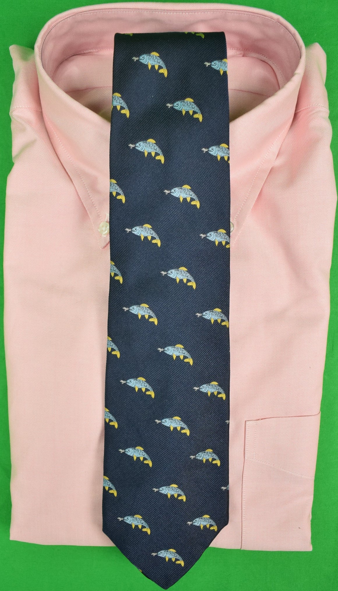 "J. Press Navy Irish Silk Club Tie w/ Blue Fish Motif" (SOLD)