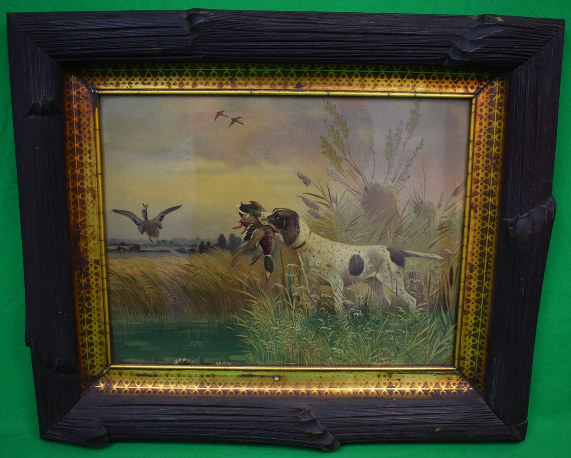 Hunting Dog w/ Waterfowl Chromolithograph In Faux Bois Frame