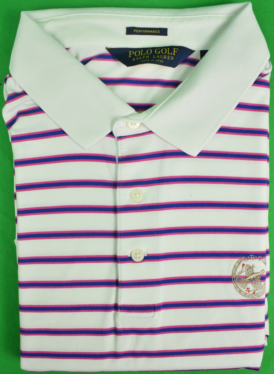 "Ralph Lauren Polo Golf White/Red/Navy S/S Stripe Shirt w/ Rolling Rock Club Logo" Sz: XXL (SOLD)