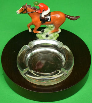 Jockey & Racehorse On Wood Tray w/ Glass Inset Ashtray