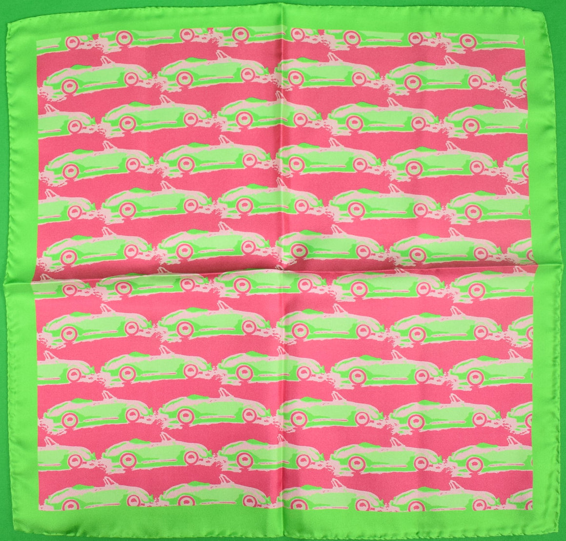 "Pink & Lime Green Italian Silk Pocket Square w/ Sports Car Print" (SOLD)