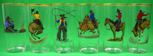 Set x 6 Cyril Gorainoff Cowboy Western Theme Highball Glasses (Mint Condition)