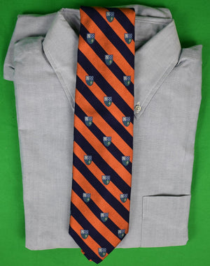 "Brooks Brothers Orange/ Navy Repp Stripe English Silk Tie w/ Heraldic Crest Motif"