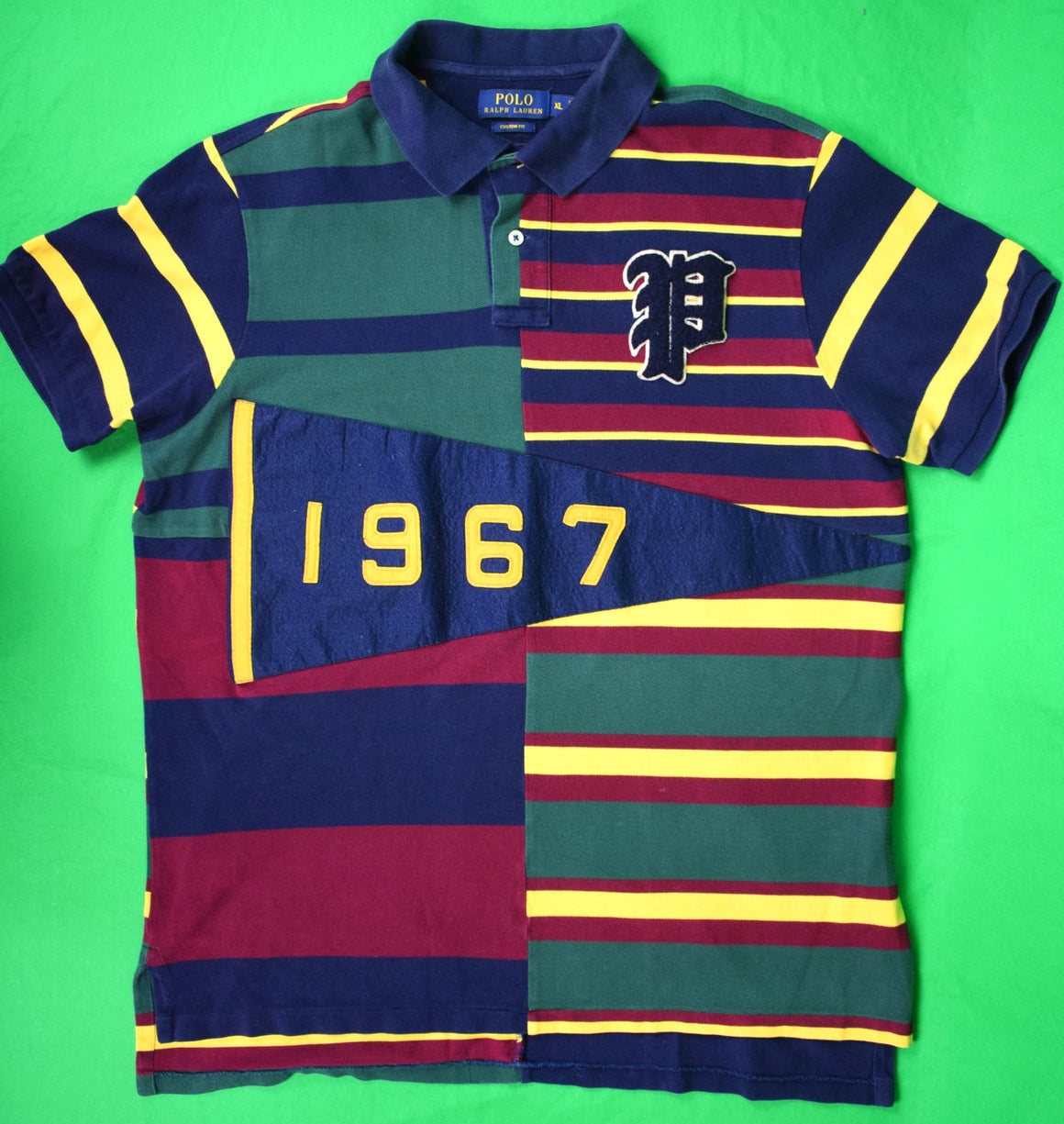 "Polo Ralph Lauren Regimental Patch Stripe w/ 1967 Felt Banner Rugby Shirt" Sz XL