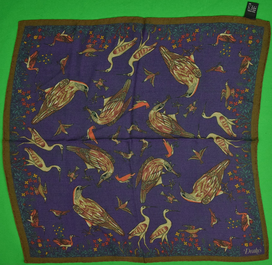 "Drake's 70% Wool/ 30% Silk 'Birds' Purple Pocket Square" (SOLD)