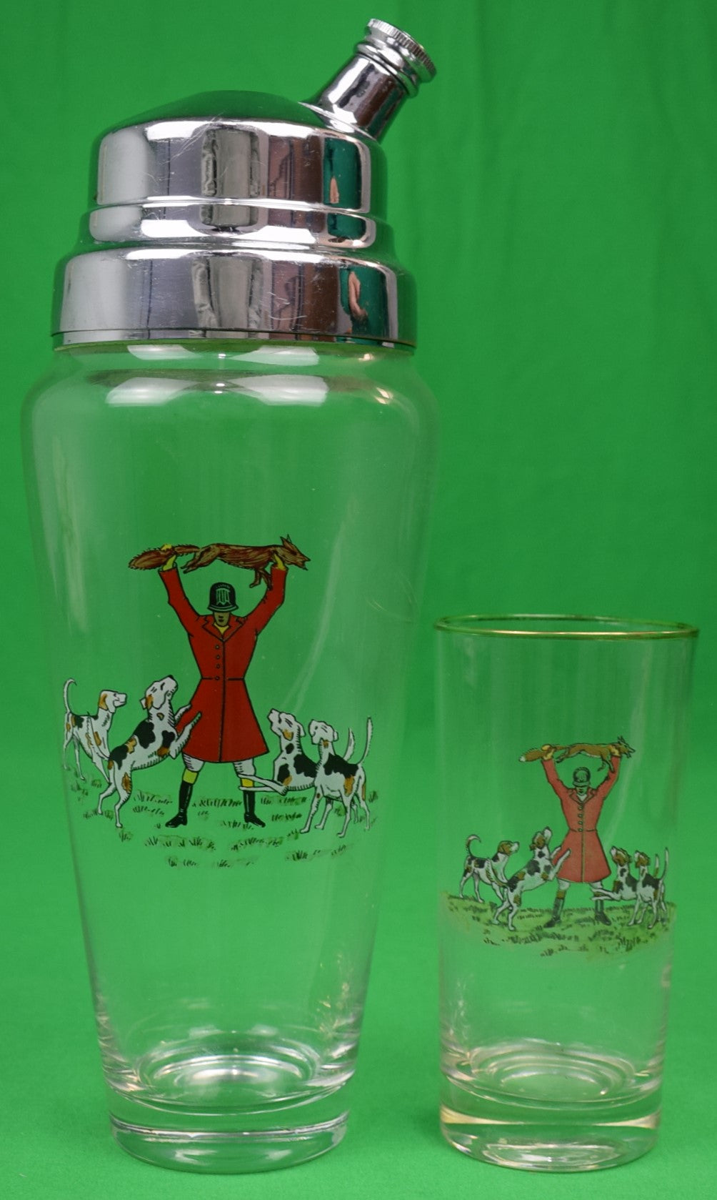"Fox-Hunter w/ Hounds & Fox Glass Cocktail Shaker & 1 Highball Glass"
