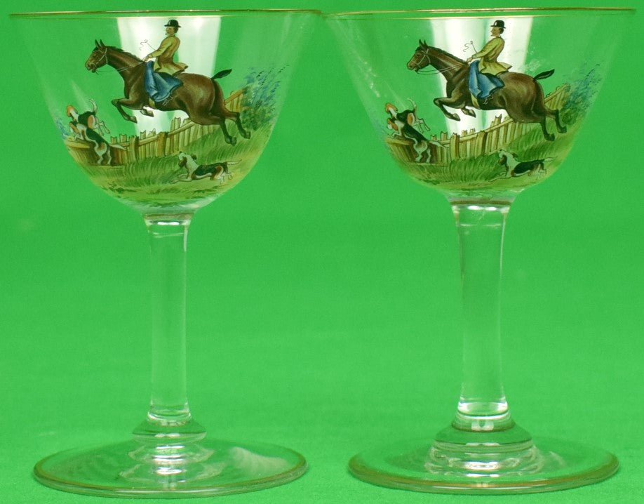 "Pair of Hand-Painted Fox-Hunter Cordial Glasses"