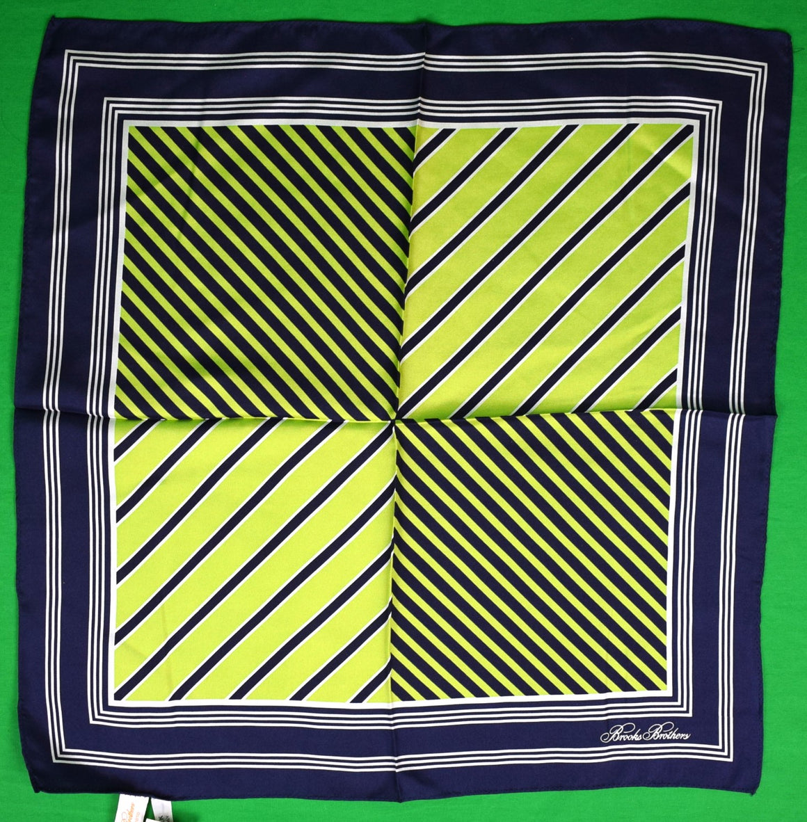 "Brooks Brothers Navy/ Lime Diagonal Stripe Silk Pocket Square" (New w/ BB Tag)