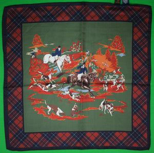 J. Press English Silk Fox-Hunt Pocket Square w/ Tartan Border