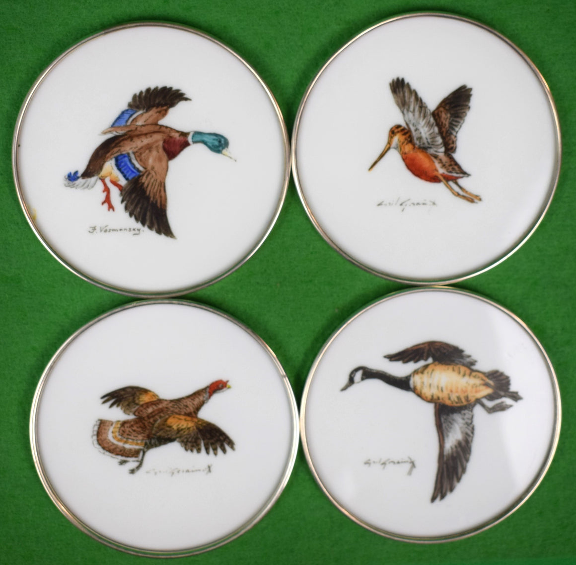 Set Of 4 Cyril Gorainoff Wild Fowl Milk Glass/ Sterling Rim Coasters