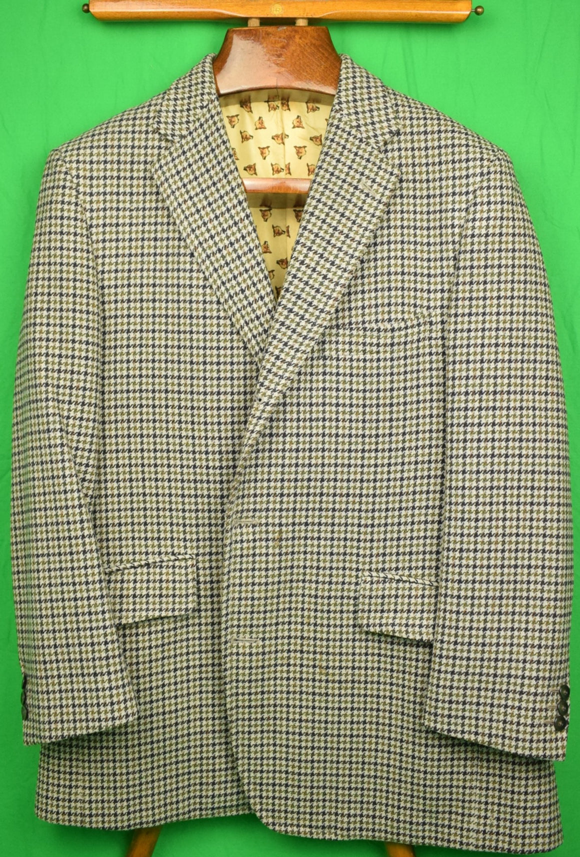 Chipp Olive Houndstooth Tweed c1987 Sport Jacket w/ Fox-Head Silk Lining Sz 41R