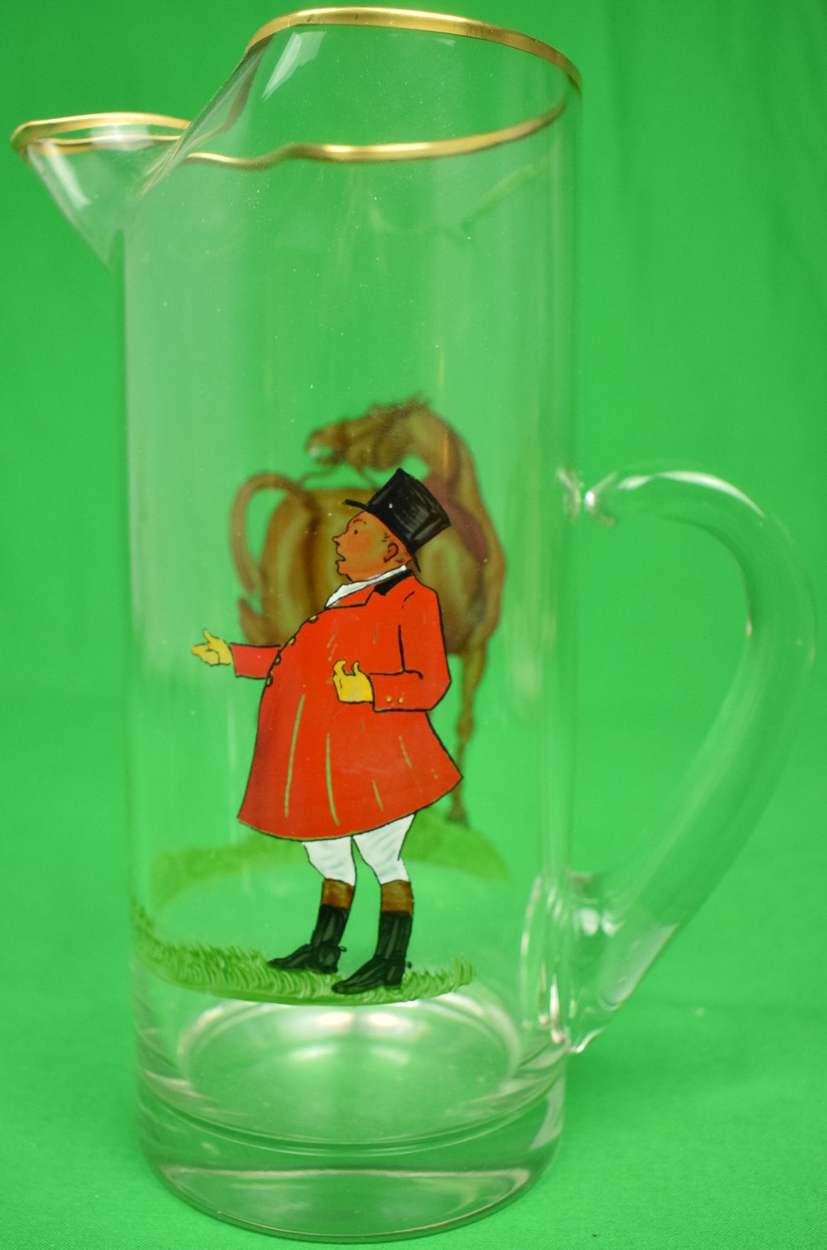 "Abercrombie & Fitch Glass Pitcher w/ Hand-Painted Fox Hunt Scene" (SOLD)