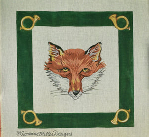 "Fox Mask & Hunting Horn Hand-Painted Needlepoint Pillow Canvas" (SOLD)
