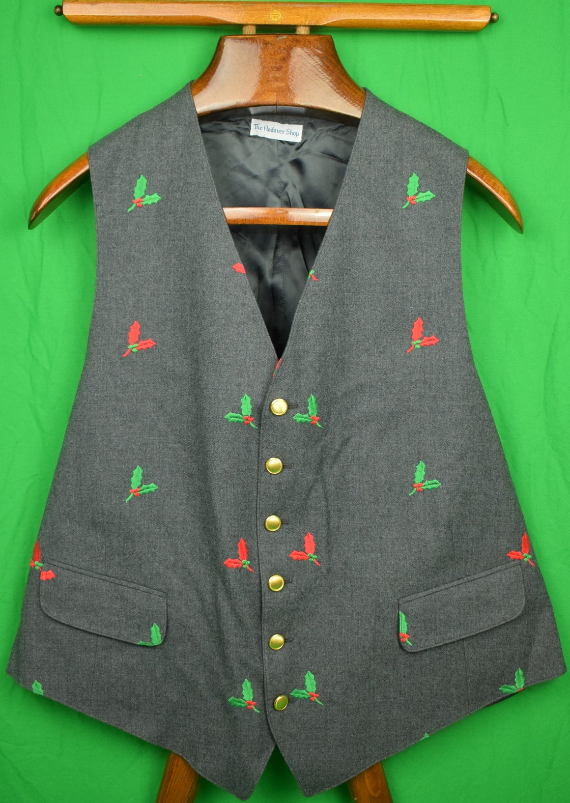 The Andover Shop Grey Flannel Vest w/ Embroidered Red & Green Holly Leaves Sz: 46L