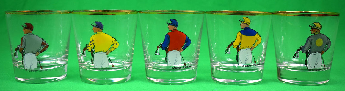 "Set x 5 Jockey Rocks Cocktail Glasses Hand-Painted By Robert Riger"